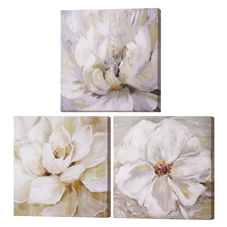 White Floral Canvas Wall Art Print Set of 3 - 16" x 16"