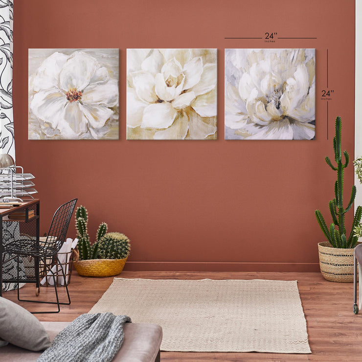 White Floral Canvas Wall Art Print Set of 3 - 16" x 16"