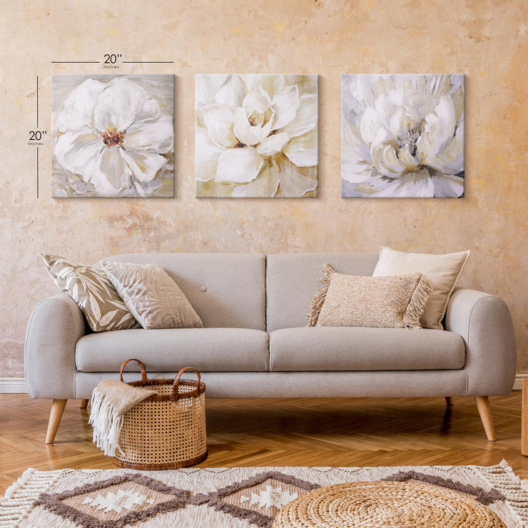 White Floral Canvas Wall Art Print Set of 3 - 20" x 20"
