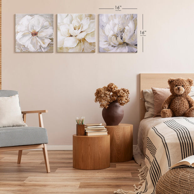 White Floral Canvas Wall Art Print Set of 3 - 24" x 24"
