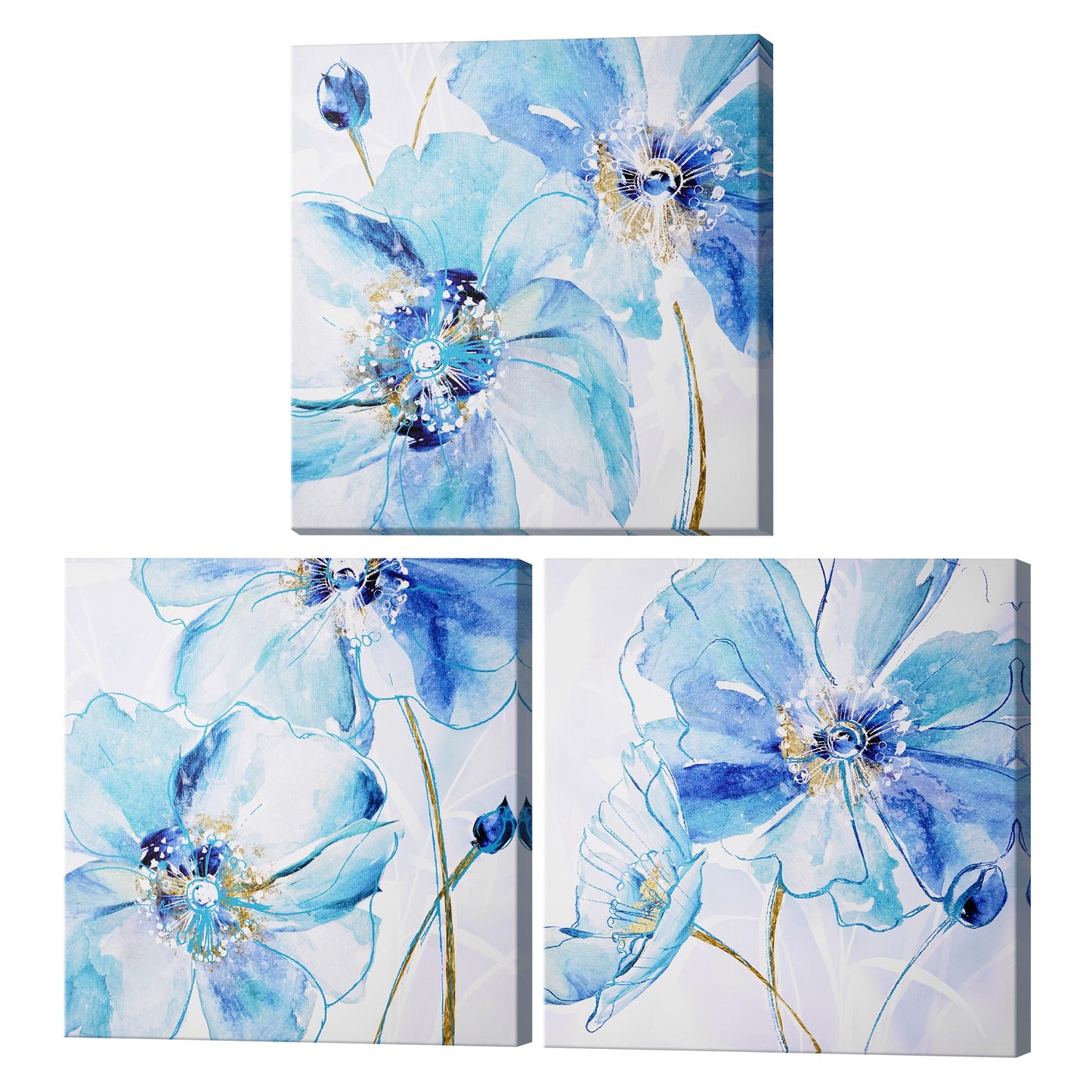 Blue Spring Poppy Canvas Wall Art Print Set of 3 - 16" x 16"