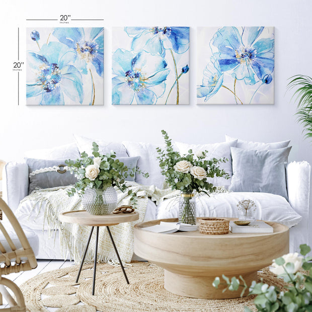 Blue Spring Poppy Canvas Wall Art Print Set of 3 - 24" x 24"