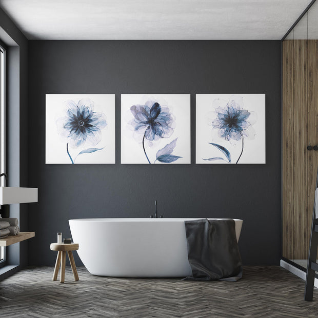 Indigo Bloom Canvas Wall Art Print Set of 3 - 16" x 16"