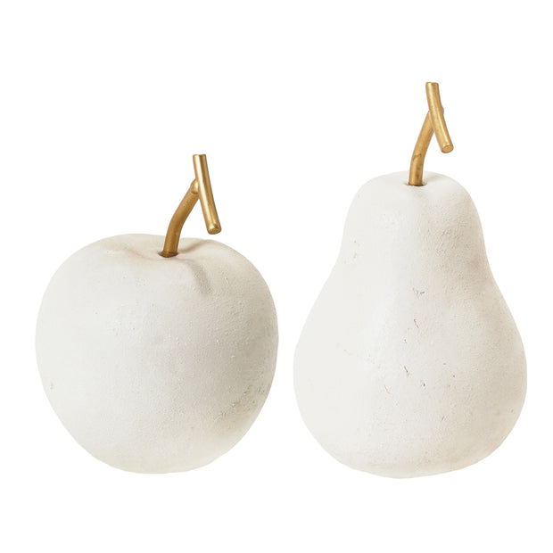 Cream White Resin Apple And Pear Fruit Tabletop Decor, Set Of 2