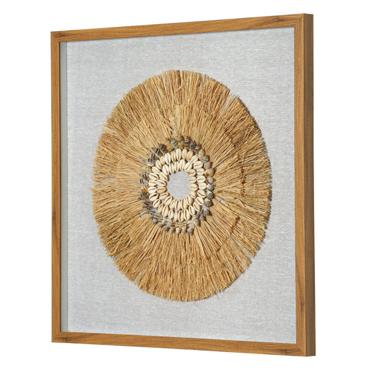 Boho Handmade Framed Straw Shell and Linen Wall Art Decor, 23.5"x23.5"