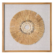 Boho Handmade Framed Straw Shell and Linen Wall Art Decor, 23.5"x23.5"
