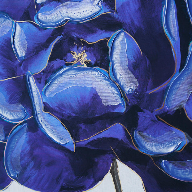 Deep Blue & Gold Trim Flower Embellished Canvas Wall Art Print - 16x16