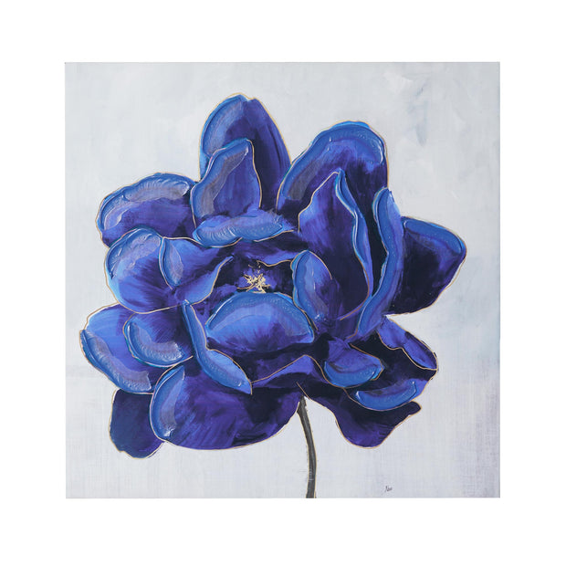 Deep Blue & Gold Trim Flower Embellished Canvas Wall Art Print - 16x16