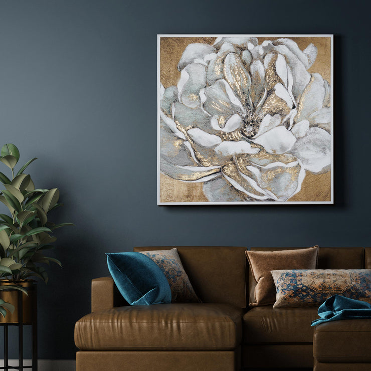 Golden White Peony II Framed Embellished Canvas Wall Art Print - 30x30