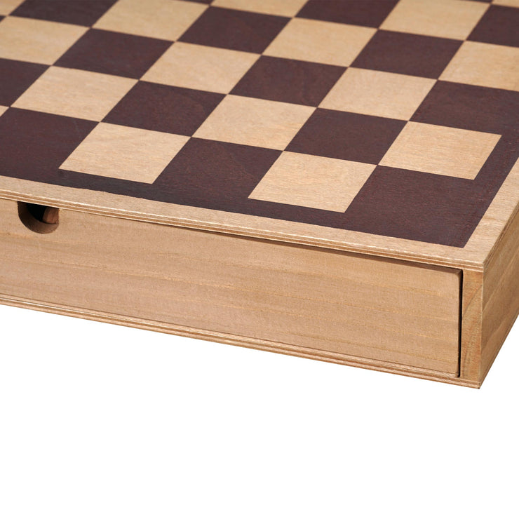 Wood Chess & Checkers Board Game Set with Drawer Tabletop Decor