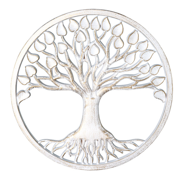Tree of Life Medallion Boho Wall Art, White with Gold Accents - 15.5"