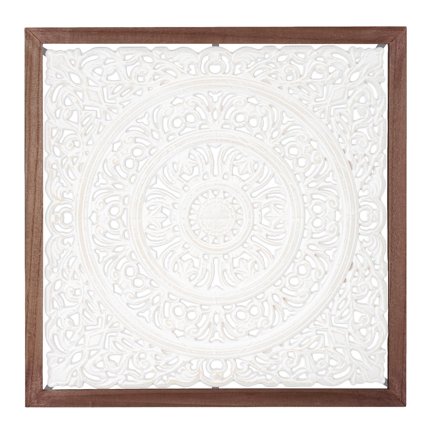 Floral Mandala White Square Framed Medallion Boho Wall Art, 24.5"x24.5"