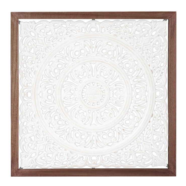 Floral Mandala White Square Framed Medallion Boho Wall Art, 24.5"x24.5"