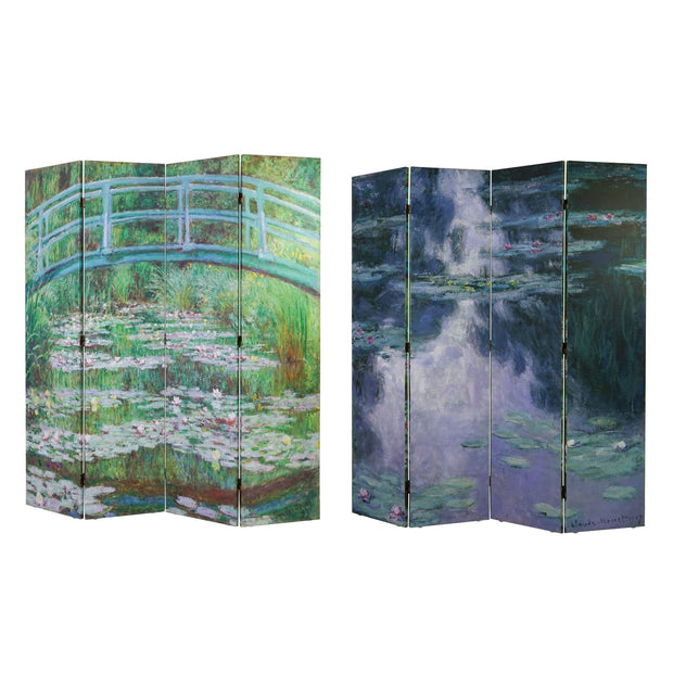 Double-Sided Monet Water Lilies, The Japanese Footbridge Canvas Room Divider, 4 Panels, 70" H x 63" L