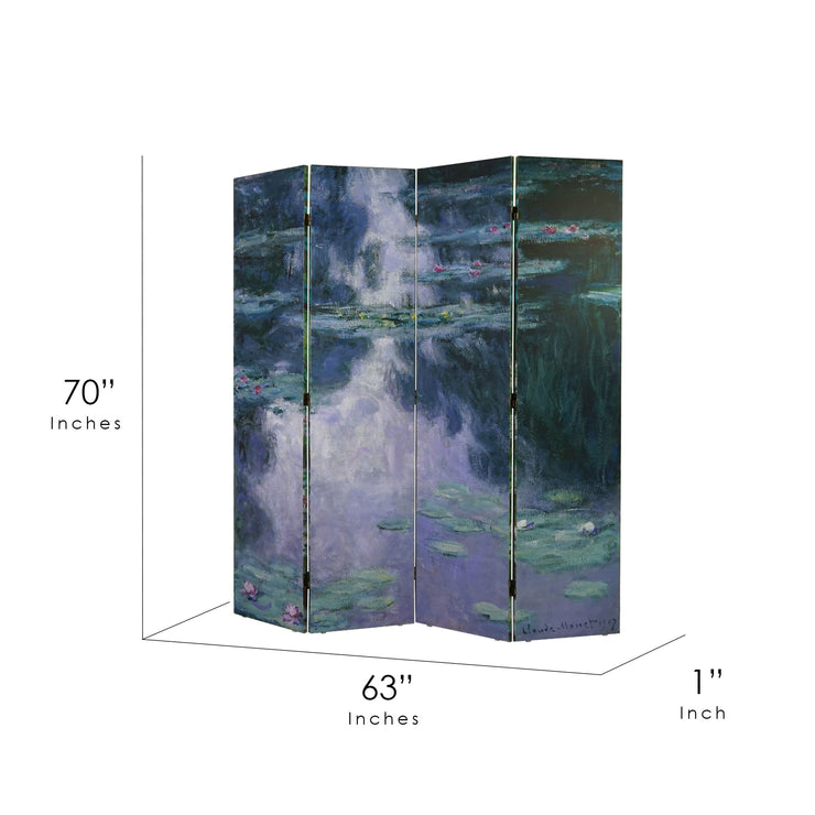 Double-Sided Monet Water Lilies, The Japanese Footbridge Canvas Room Divider, 4 Panels, 70" H x 63" L