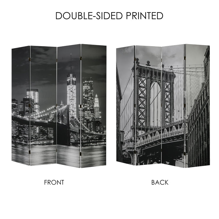 Double-Sided Brooklyn Bridge, Manhattan Bridge B&W Canvas Room Divider, 4 Panels, 70" H x 63" L