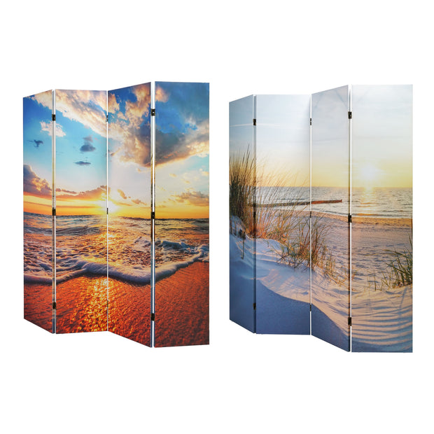 Double-Sided Baltic Sea Beach Sunrise Canvas Room Divider, 4 Panels, 70" H x 63" L