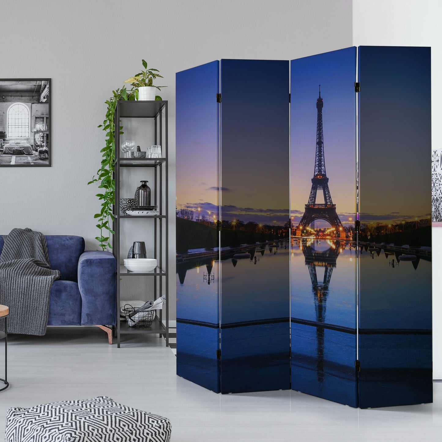 Double-Sided Paris Eiffel Tower & Arc de Triomphe Canvas Room Divider, 4 Panels, 70" H x 63" L