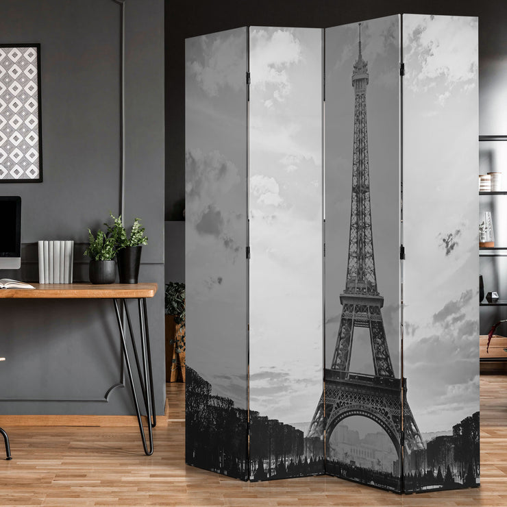 Double-Sided Paris Eiffel Tower & Notre Dame Bike B&W Canvas Room Divider, 4 Panels, 70" H x 63" L