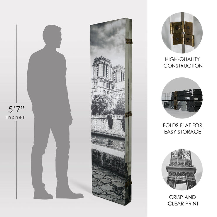 Double-Sided Paris Eiffel Tower & Notre Dame Bike B&W Canvas Room Divider, 4 Panels, 70" H x 63" L