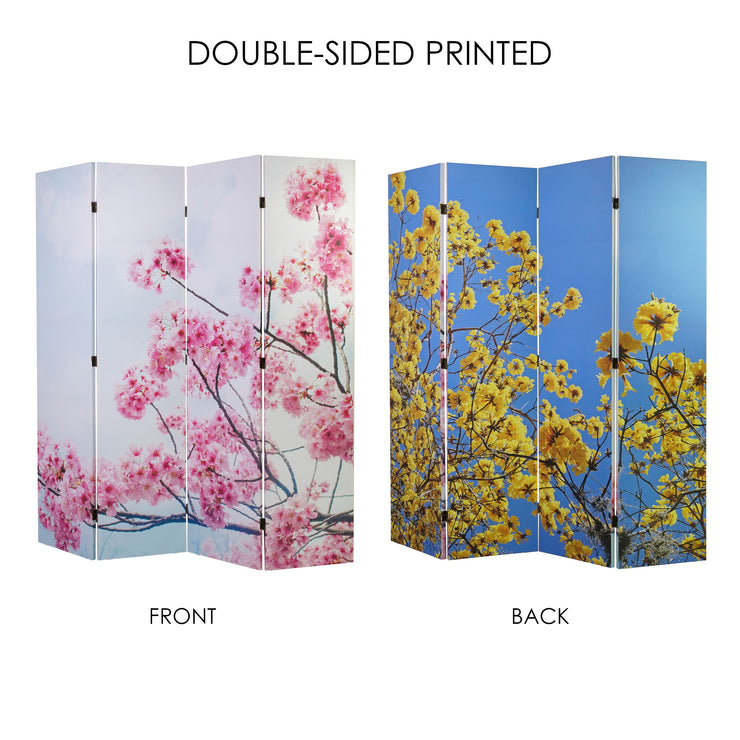 Double-Sided Cherry Blossom, Golden Flowers Canvas Room Divider, 4 Panels, 70" H x 63" L