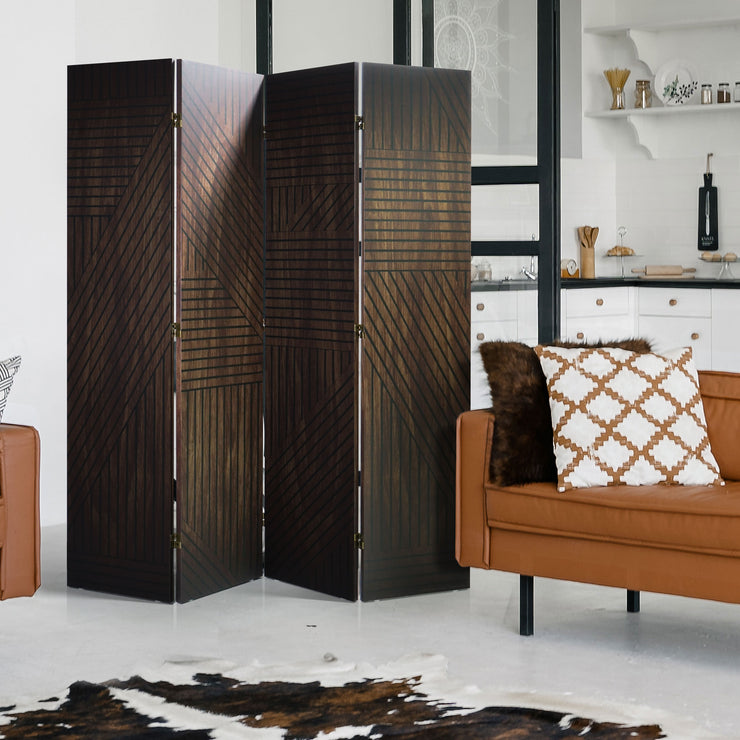 Double-Sided Walnut Slat Wood Pattern Print Canvas Room Divider, 4 Panels, 70" H x 63" L