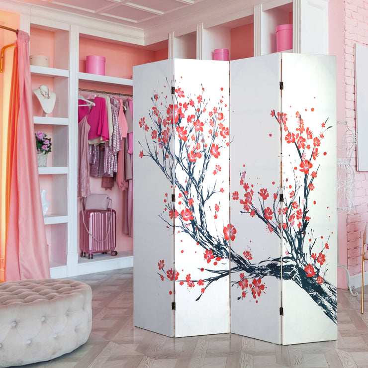Double-Sided Red & Blue Cherry Blossom Tree Canvas Room Divider, 4 Panels, 70" H x 63" L