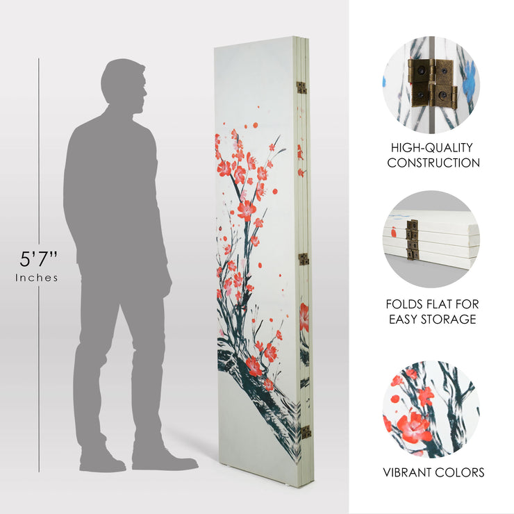 Double-Sided Red & Blue Cherry Blossom Tree Canvas Room Divider, 4 Panels, 70" H x 63" L