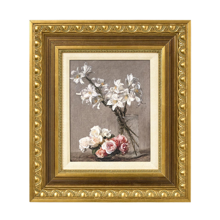 American Art Decor Ornate Framed Roses and Liles Canvas Print by Henri Fantin-Latour 14.75" x 16.75"
